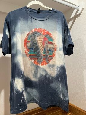 Navy Graphic Tee with Native Headdress and Multicolor Stripes